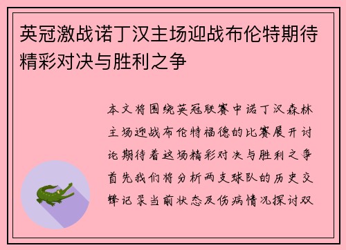 英冠激战诺丁汉主场迎战布伦特期待精彩对决与胜利之争